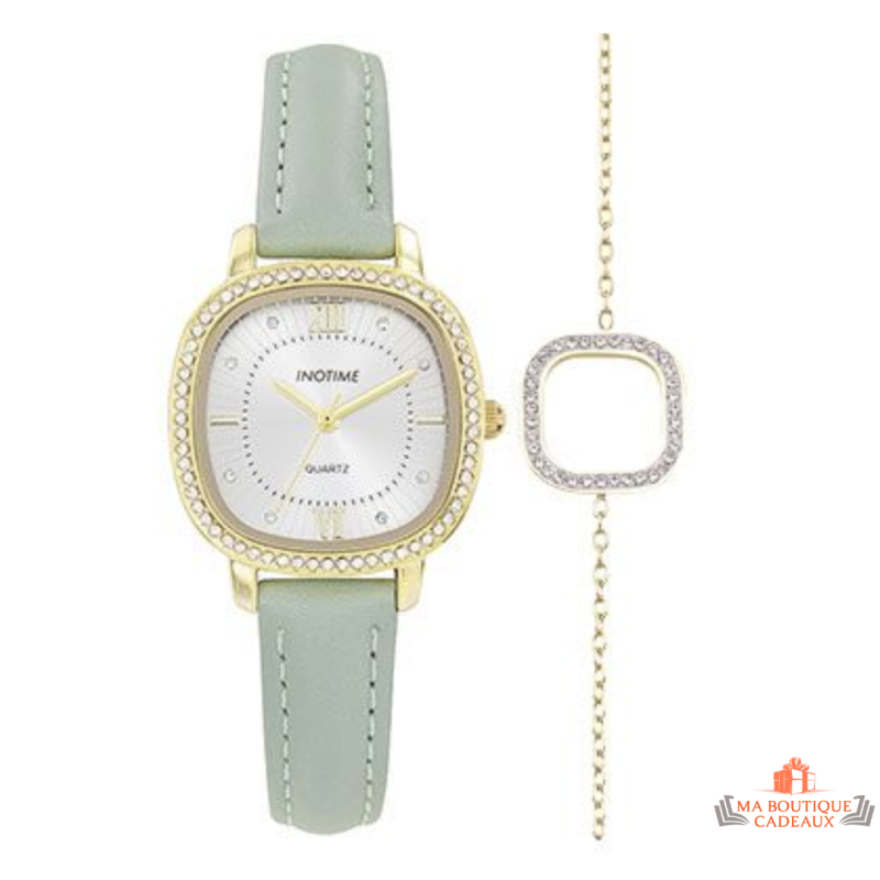 Montre Femme Inotime – Bracelet Synthétique Vert Clair, Cadran Carré Doré, Garantie 2 Ans