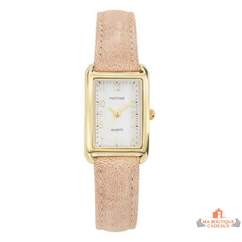 Montre Femme Inotime – Bracelet Synthétique Beige Moyen, Cadran Rectangulaire Blanc Argenté, Garantie 2 Ans