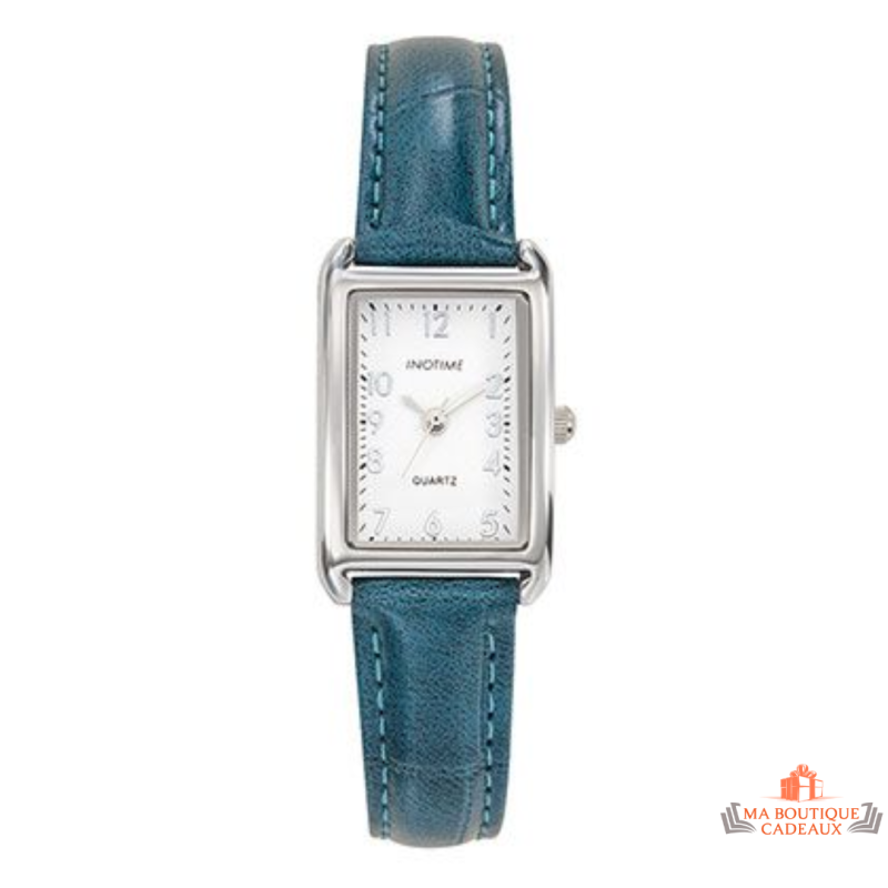 Montre Femme Inotime – Bracelet Synthétique Bleu Moyen, Cadran Rectangulaire Blanc Argenté, Garantie 2 Ans