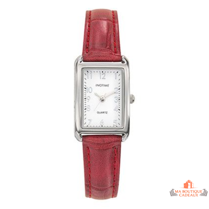 Montre Femme Inotime – Bracelet Synthétique Rouge Moyen, Cadran Rectangulaire Blanc Argenté, Garantie 2 Ans