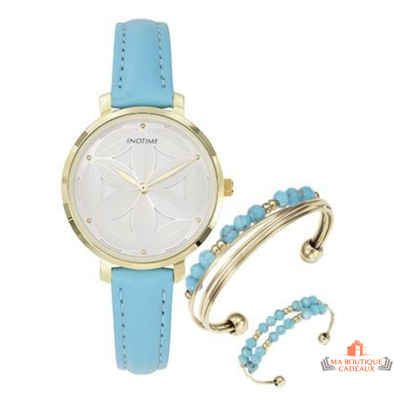 Montre Femme Inotime – Bracelet Synthétique Bleu Turquoise, Cadran Blanc Doré, Garantie 2 Ans