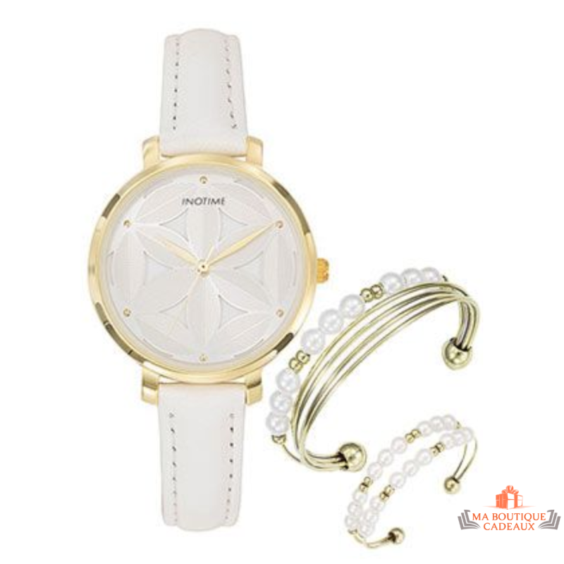 Montre Femme Inotime – Bracelet Synthétique Blanc, Cadran Blanc Doré, Garantie 2 Ans