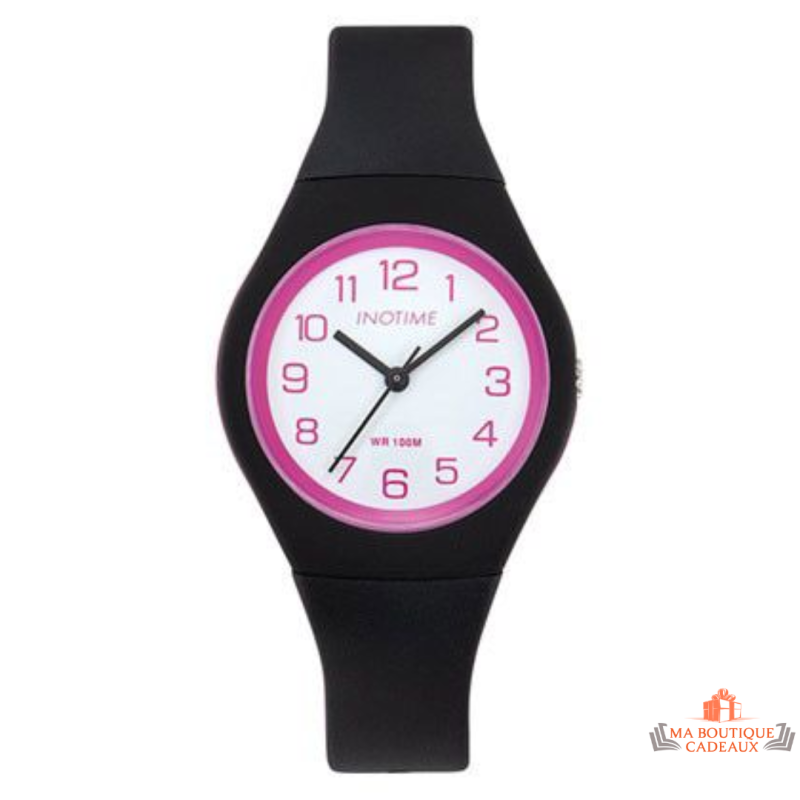 Montre Femme Inotime – Bracelet Silicone Noir, Boîtier Rose Foncé, Garantie 2 Ans