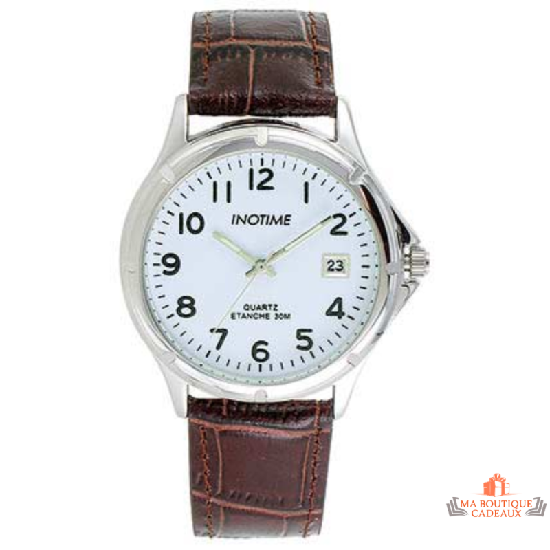 Montre Homme Inotime – Bracelet Synthétique Marron, Dateur, Garantie 2 Ans