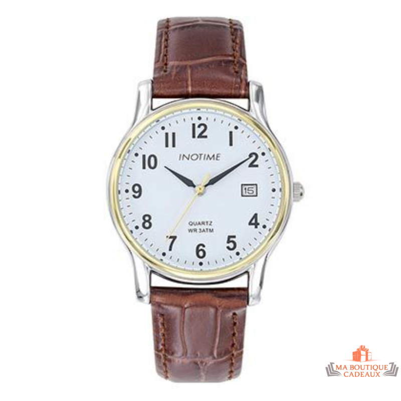 Montre Homme Inotime – Garantie 2 ans – Bracelet Synthétique Marron Moyen, Cadran Blanc, Affichage Date