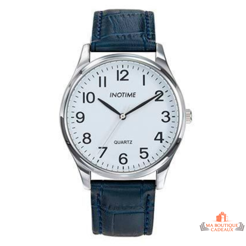 Montre Homme Inotime – Garantie 2 ans – Bracelet Synthétique Bleu Foncé, Cadran Blanc, Mouvement MORIOKA PC21