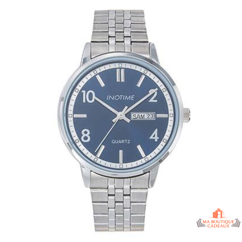 Montre Homme Inotime - Bracelet Métal Argenté - Cadran Bleu Foncé - Garantie 2 Ans