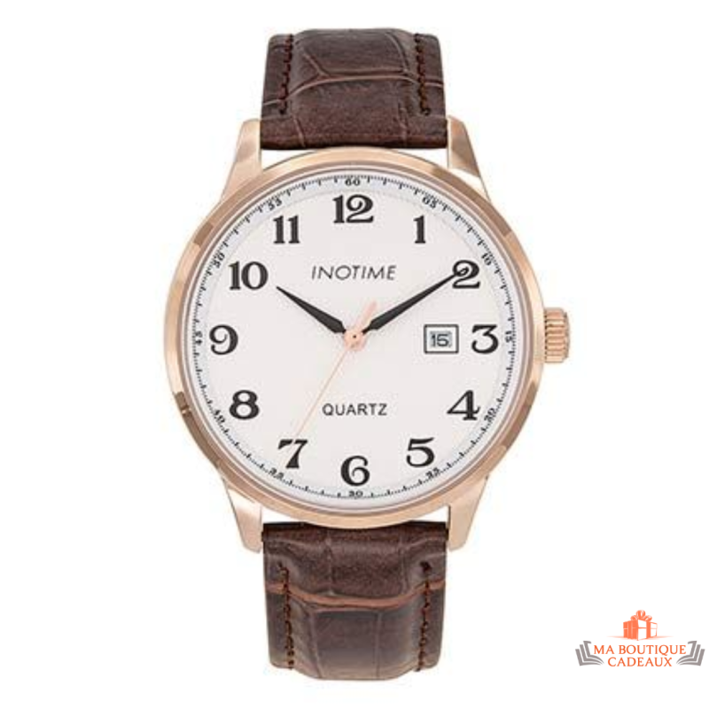 Montre Homme Inotime - Bracelet Synthétique Marron Moyen - Cadran Argenté - Garantie 2 Ans