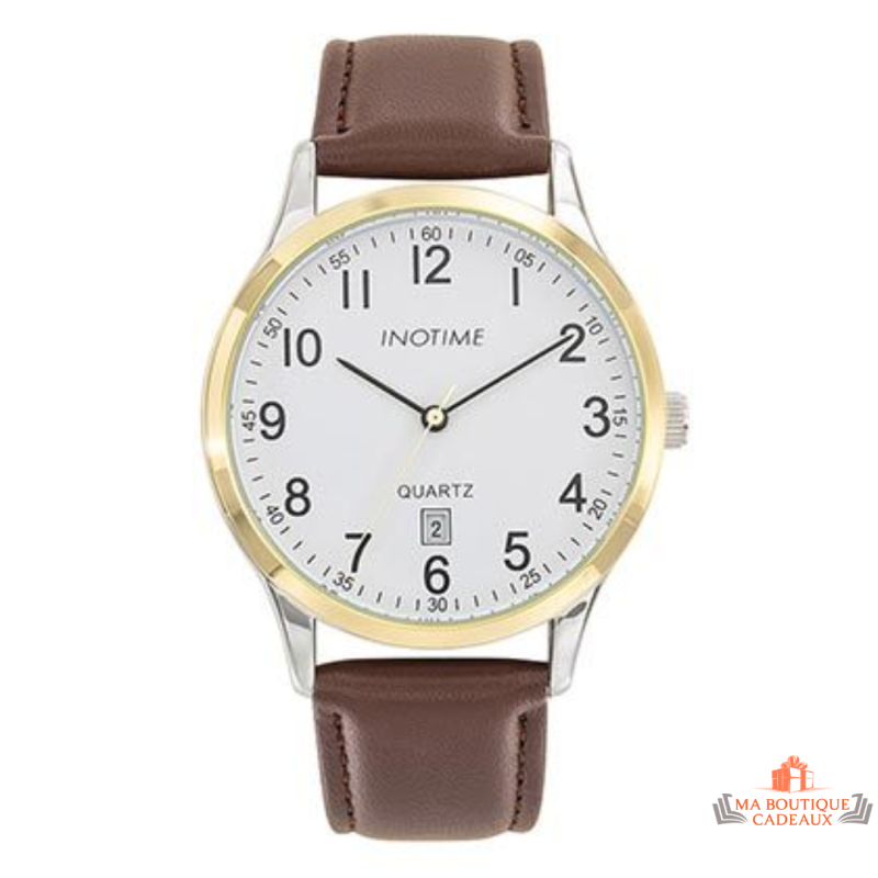 Montre Homme Inotime avec bracelet synthétique marron moyen, cadran blanc, garantie 2 ans