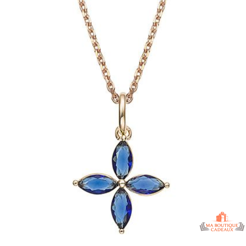 Collier pendentif Fleur Bleu Saphir en plaqué or - Carla Nogueres - Garantie 2 ans.