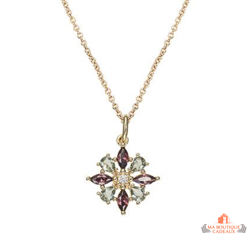 Collier pendentif fleur multicolore en plaqué or Carla Nogueres, Garantie 2 ans