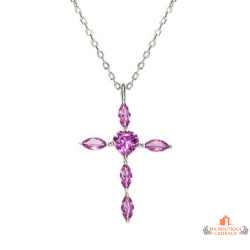 Collier pendentif croix en argent 925/°° avec zircons roses Carla Nogueres, Garantie 2 ans