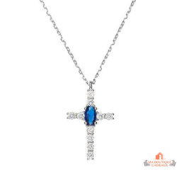 Collier pendentif croix en argent 925/°° avec zirconium et centre bleu saphir Carla Nogueres, Garantie 2 ans