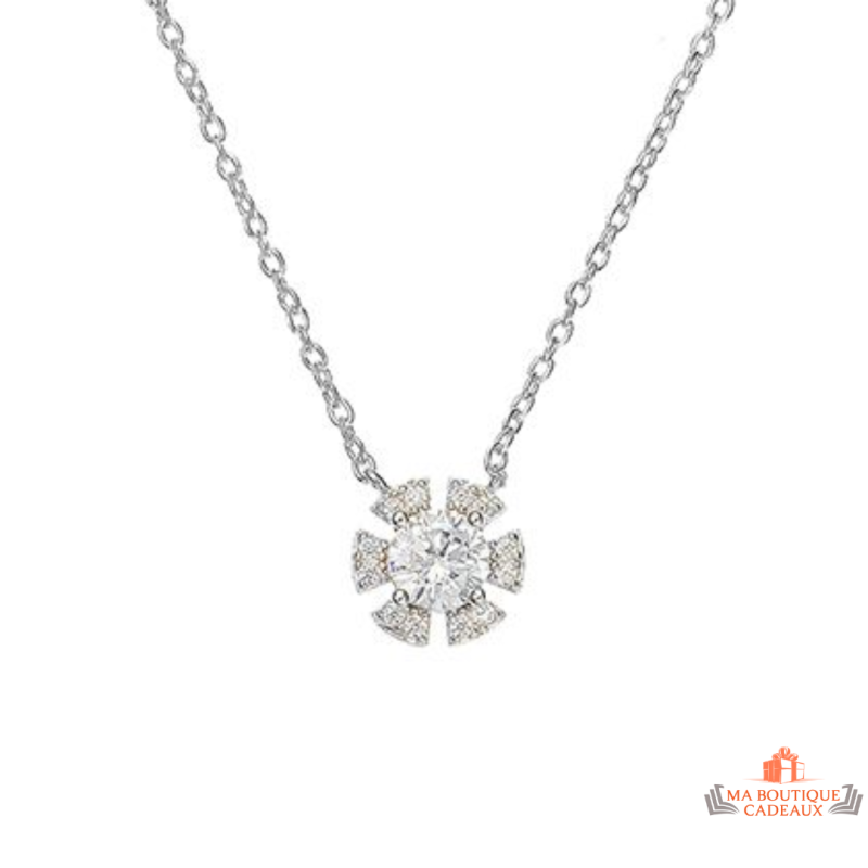 Collier pendentif fleur en argent 925/°° avec zircons Carla Nogueres, Garantie 2 ans