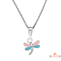 Collier pendentif libellule en argent 925/°° avec ailes émaillées bleu et rose Carla Nogueres, Garantie 2 ans