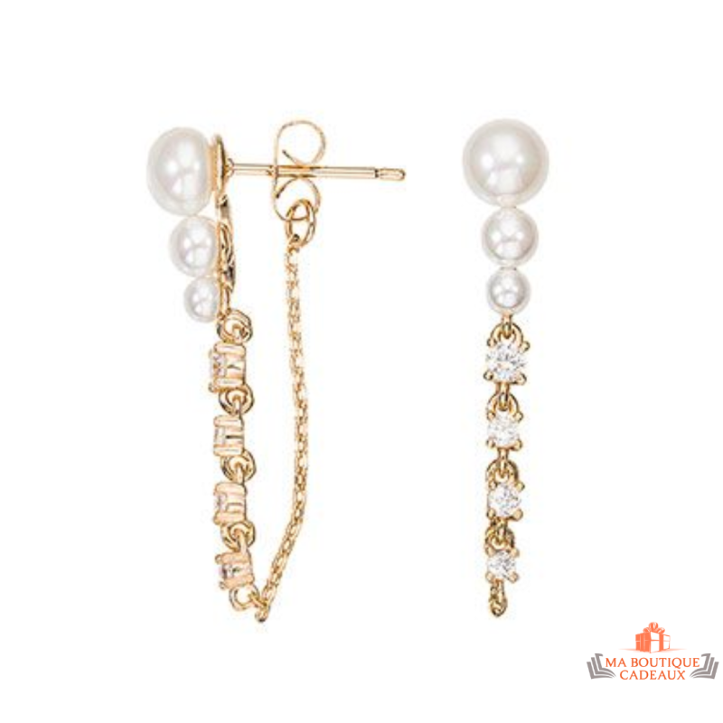 Boucles d’oreilles pendantes en plaqué or avec perles Carla Nogueres, Garantie 2 ans