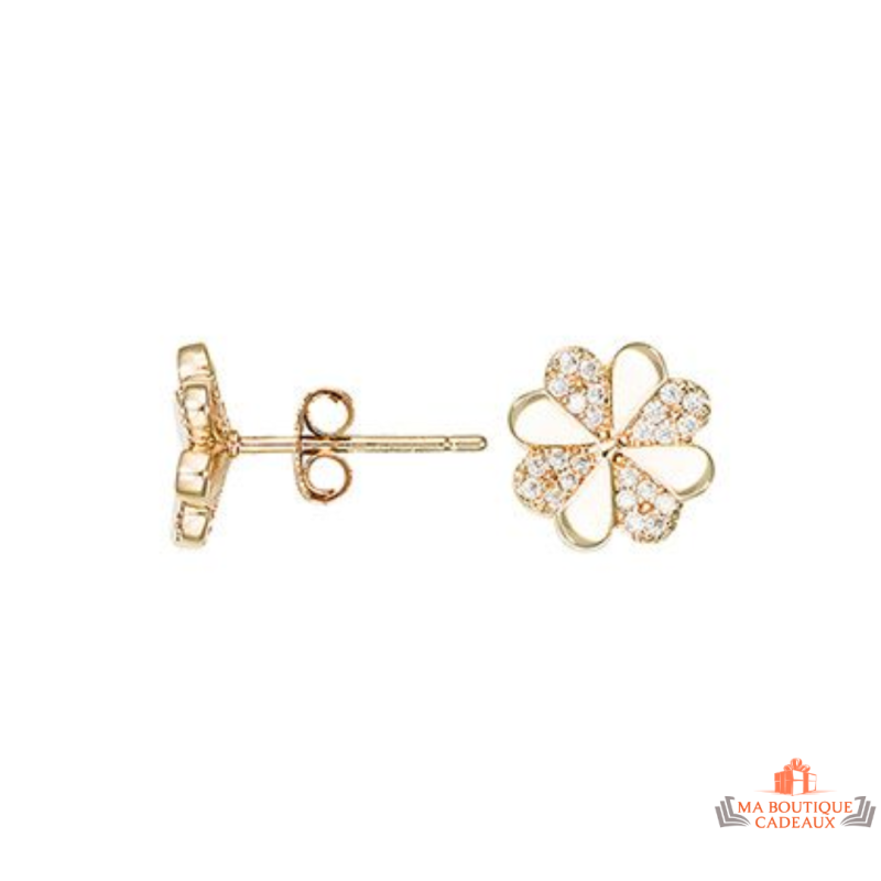 Boucles d’oreilles fleur en plaqué or avec pétales zircon Carla Nogueres, Garantie 2 ans