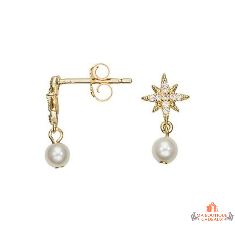 Boucles d’oreilles étoile en plaqué or avec perle Carla Nogueres, Garantie 2 ans