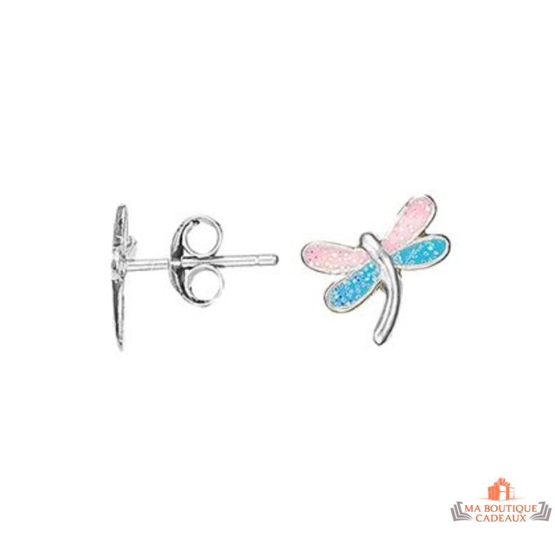 Boucles d’oreilles libellule en argent 925/°° avec ailes émaillées Carla Nogueres, Garantie 2 ans