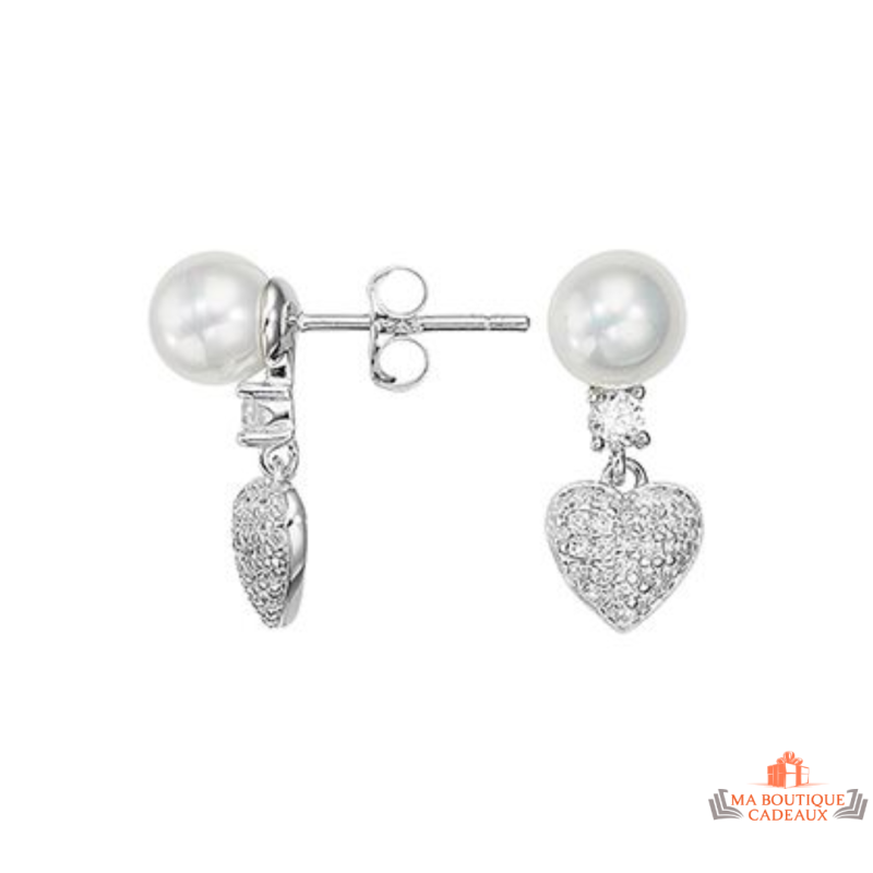 Boucles d’oreilles en argent 925/°° avec cœur zircon et perle Carla Nogueres, Garantie 2 ans