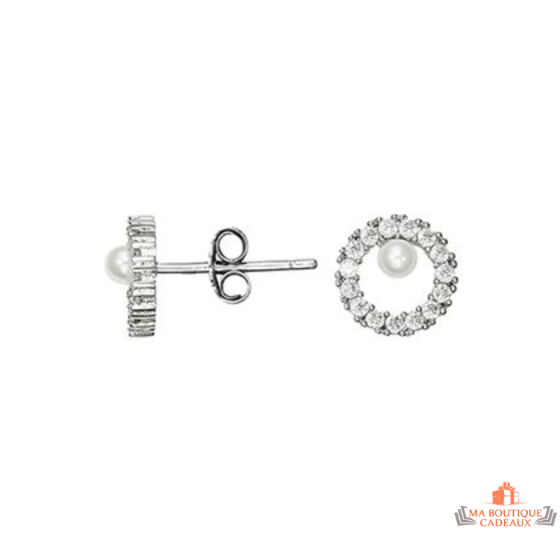 Boucles d’oreilles en argent 925/°° cercle zircon et perle Carla Nogueres, Garantie 2 ans