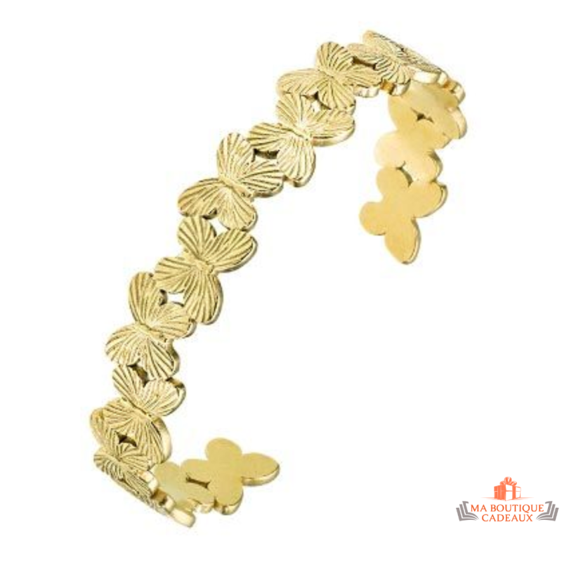 Bracelet Manchette Acier Doré Motif Papillons Texturés – Carla Nogueres | Garantie 2 ans