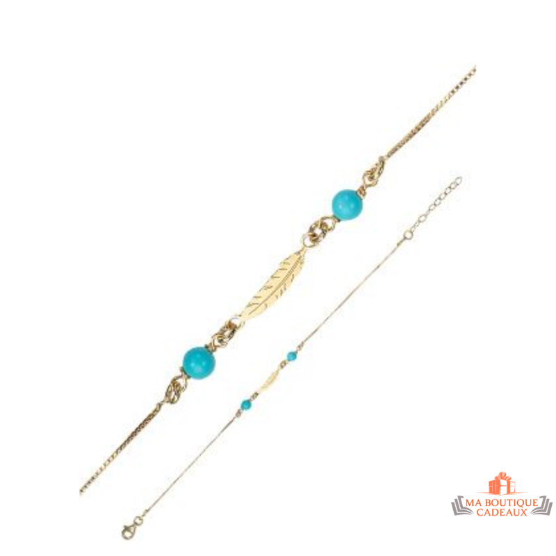 Bracelet Argent Doré Or Fin Plume & Perles Turquoise – Carla Nogueres | Garantie 2 ans