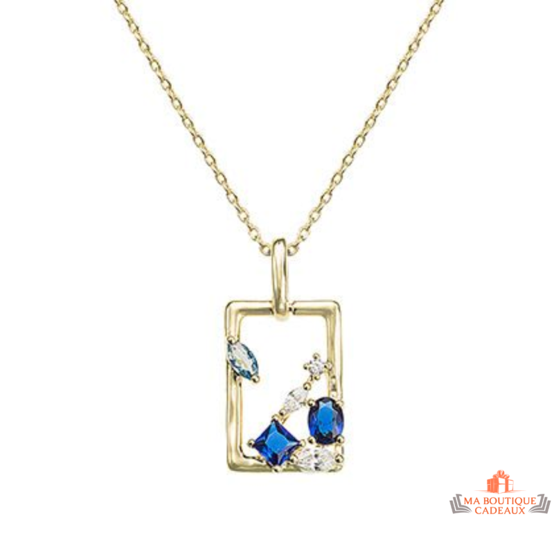Collier pendentif plaqué or rectangle avec trio de pierres bleu, vert et blanche – Carla Nogueres – Femme – 45 cm