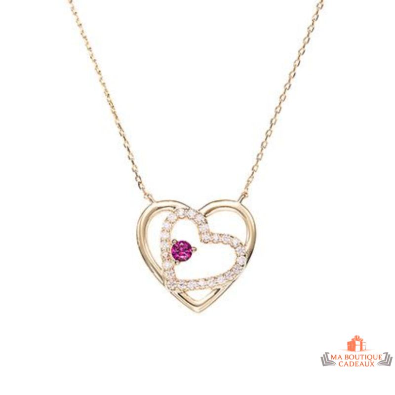 Collier plaqué or avec deux cœurs, zirconium blanc et pierre rouge – Carla Nogueres – Femme – 45 cm