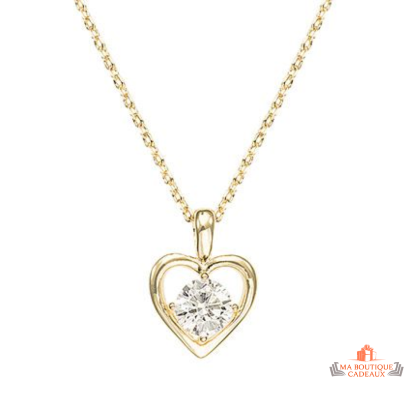 Collier plaqué or pendentif cœur avec solitaire blanc – Carla Nogueres – Femme – 45 cm
