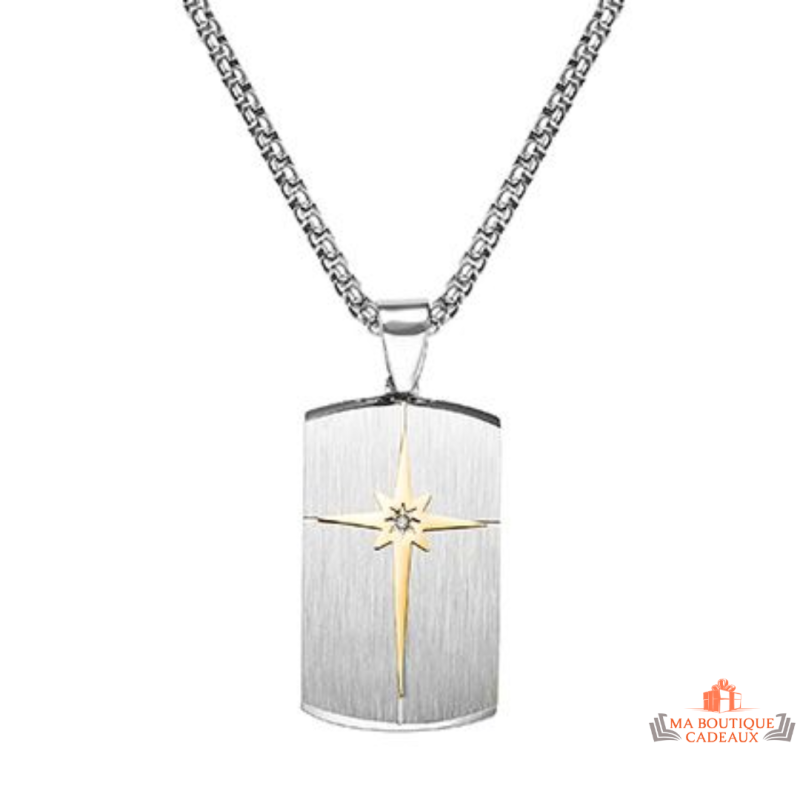 Collier homme en acier médaillon militaire avec croix dorée – Bivouac – Bijou masculin et symbolique