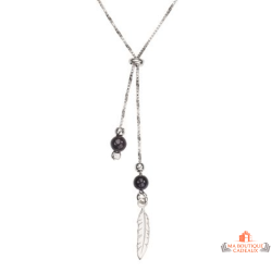 Collier en argent avec pendentif plume et deux perles bleu nuit pailletées – Carla Nogueres – 42+3 cm