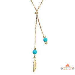 Collier femme en argent doré avec plume et perles turquoise – Carla Nogueres – 42+3 cm