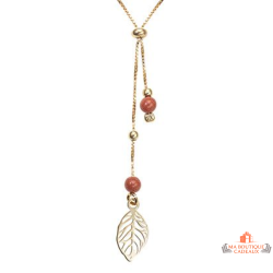 Collier en argent doré avec feuille et deux perles marron pailleté – Carla Nogueres – Femme – 42+3 cm