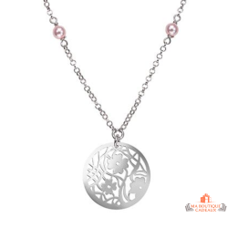 Collier femme en argent avec pendentif fleurs ajourées et perles roses – Carla Nogueres – 42+3 cm