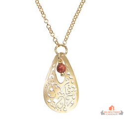 Collier femme en argent doré avec goutte allongée et perle marron pailletée – Carla Nogueres – 42+3 cm