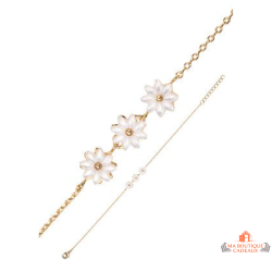 Bracelet en plaqué or avec 3 fleurs en émail blanc – 19 cm – Garantie 2 ans