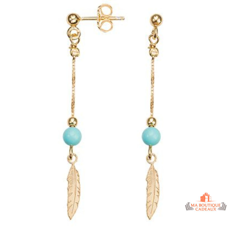 Boucles d’oreilles en argent doré motif plume avec pierre turquoise véritable – Carla Nogueres