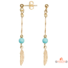 Boucles d’oreilles en argent doré motif plume avec pierre turquoise véritable – Carla Nogueres