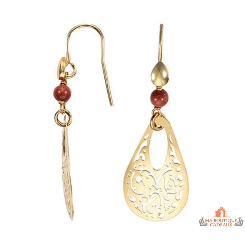 Boucles d’oreilles en argent doré motif goutte avec pierre véritable marron – Carla Nogueres