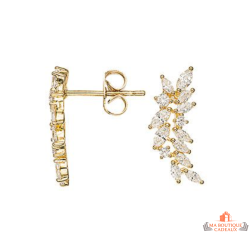 Boucles d’oreilles plaqué or motif feuille de laurier sertie de zirconiums – Carla Nogueres