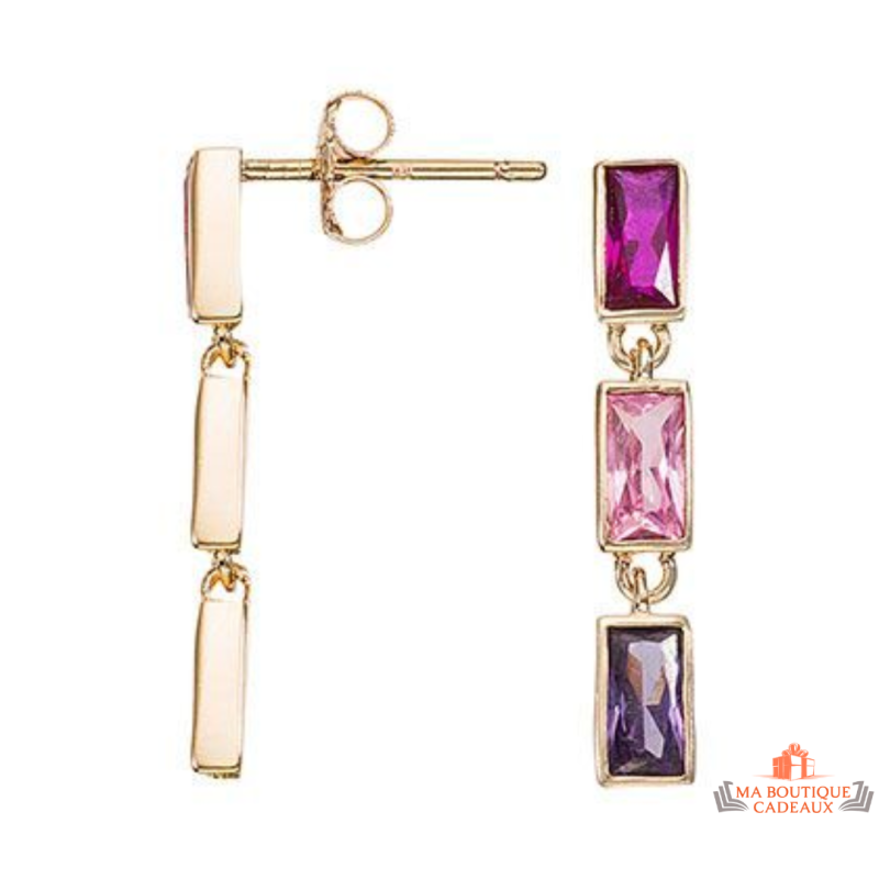 Boucles d’oreilles plaqué or trois zirconiums rose violet fuchsia – Carla Nogueres