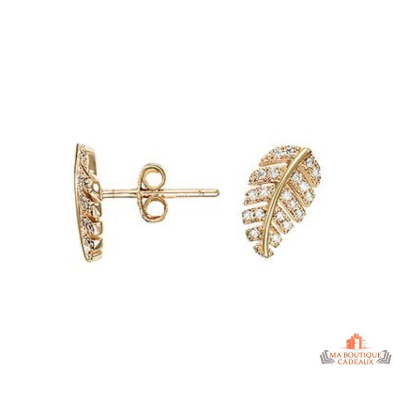 Boucles d’oreilles plaqué or motif feuille ornée de zirconiums – Carla Nogueres
