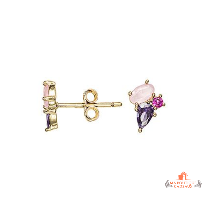 Boucles d’oreilles plaqué or trois zirconiums violet rose blanc – Carla Nogueres