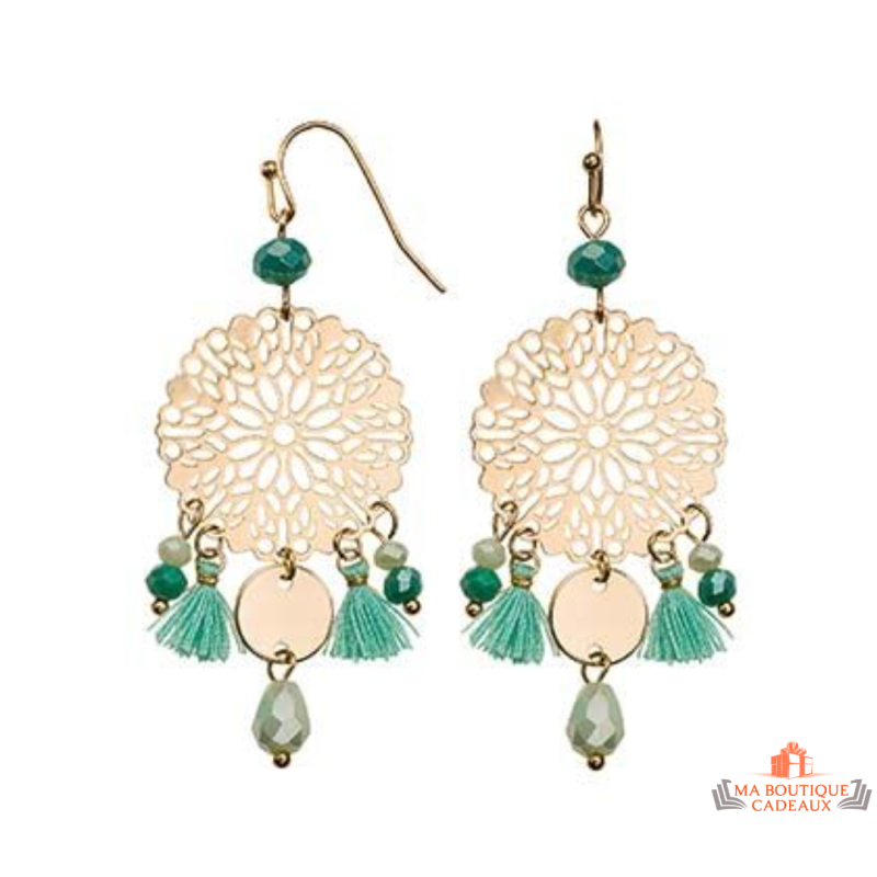 Boucles d’oreilles fantaisie acier vert motif ajouré 60 mm