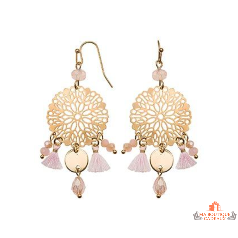 Boucles d’oreilles fantaisie acier rose motif ajouré 60 mm