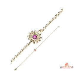 Bracelet plaqué or motif soleil et pierre fuchsia – Carla Nogueres – 16+2 cm – Garantie 2 ans