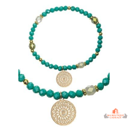 Bracelet fantaisie acier vert – médaillon ajouré et perles facettées