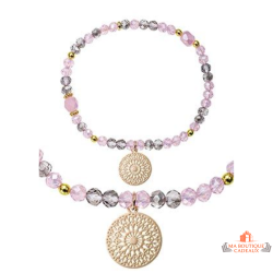 Bracelet fantaisie acier rose – médaillon doré et perles facettées