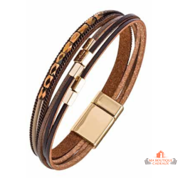 Bracelet multiliens marron pour femme – effet cuir et fermoir doré